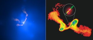 (LEFT) Composite of 3C75 in X-ray (blue) and radio (pink) [X-ray: NASA/CXC/AIfA/D.Hudson & T.Reiprich et al.; Radio: NRAO/VLA/NRL].  (RIGHT) NGC 326 from VLA Observations [NRAO].